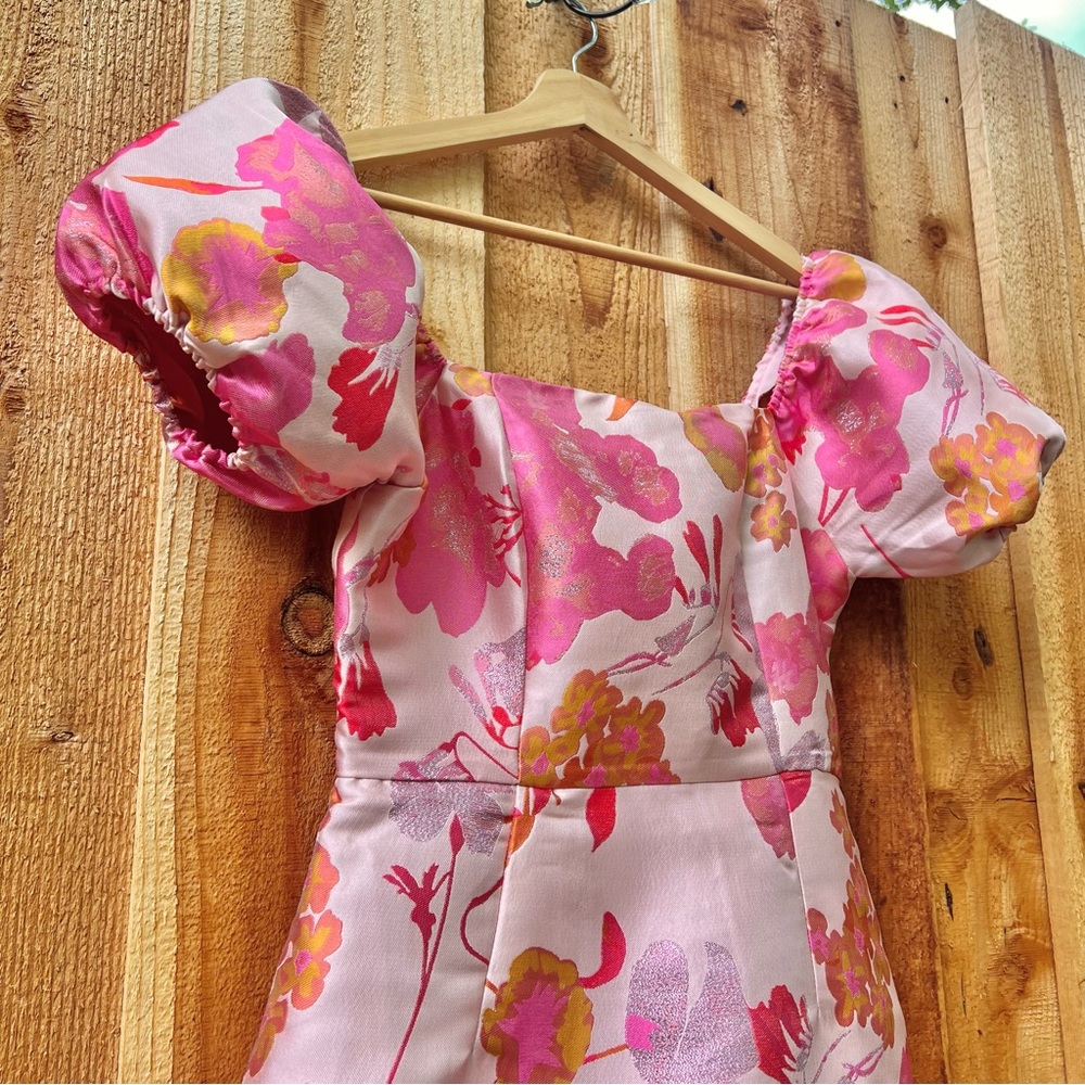 Pink and Orange Multi Floral Jacquard Puff Sleeve Mini Dress - Picture 2 of 11